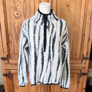 Anthropologie Black and White Fuzzy Zip-Up Sweater